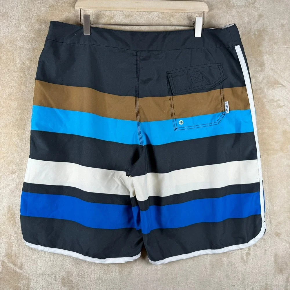 American Eagle Men‎ 38 Striped Board Shorts Colorblock Blk Blue Brown White Swim
